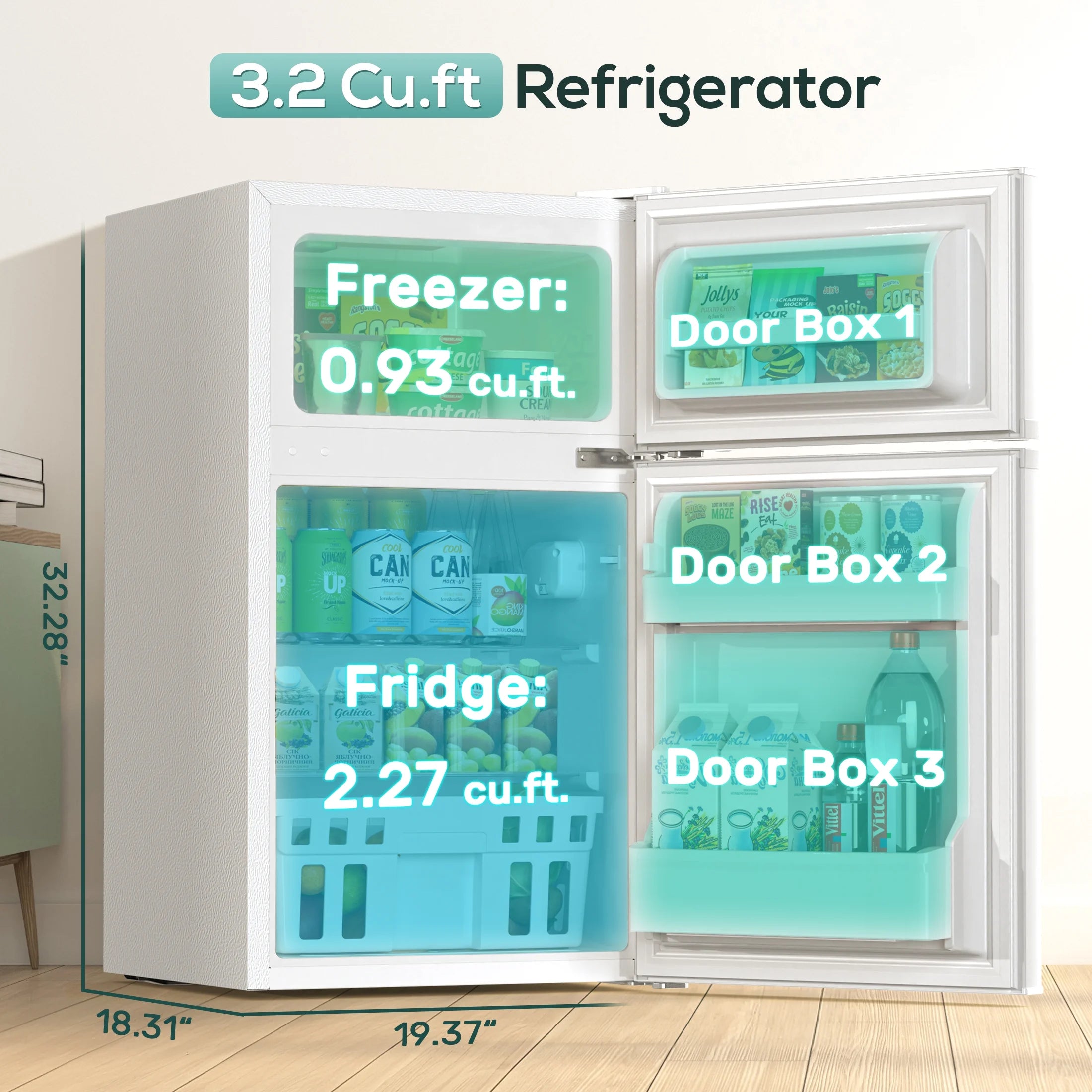 Moifoi 3.2 Cu.Ft Two-Door Compact Refrigerator, Stainless Steel Door, Black
