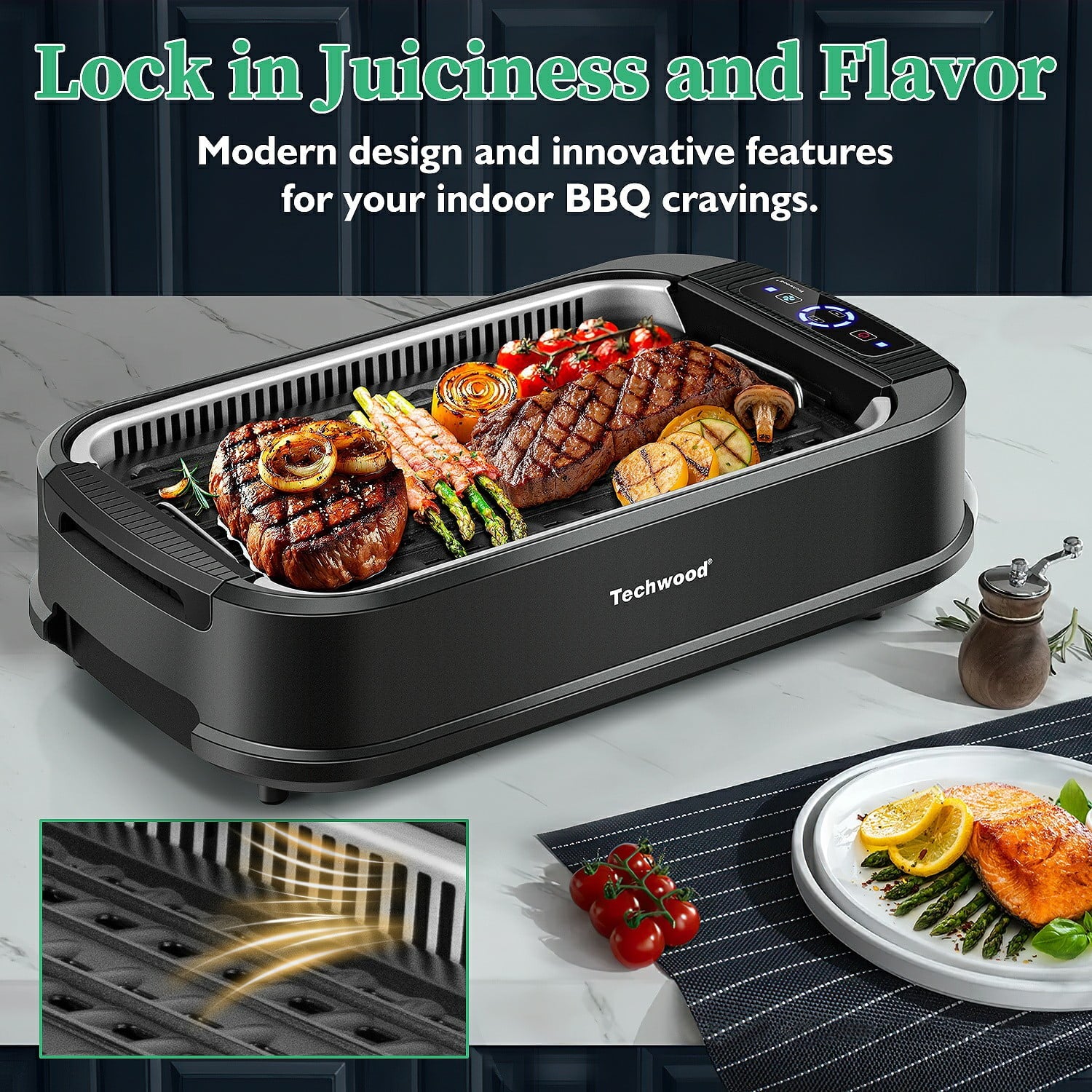 Techwood Indoor Smokeless Grill, 1500W, Black, Electric Portable Korean BBQ Grill with Tempered Glass Lid