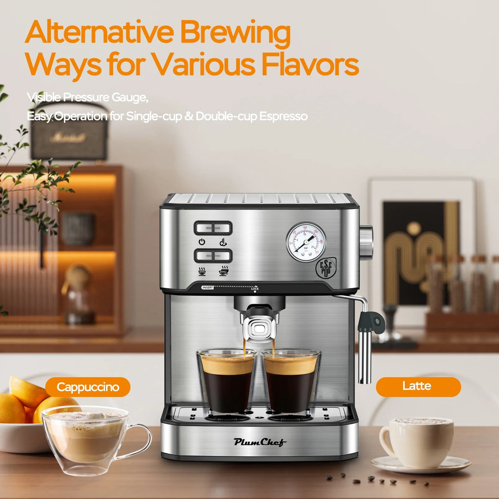 Plum Chef Espresso Machine, 20 Bar Coffee Maker with Foaming Milk Frother Wand, Espresso & Cappuccino Latte Maker Coffee Machine, 850W, 1.6L Removable Water Tank, Black&Silver