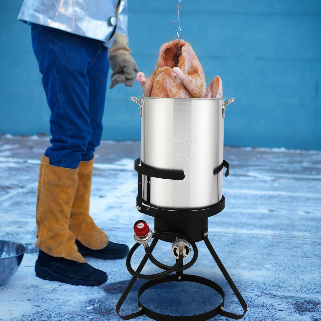 Qiushi 30QT Turkey Fryer Kit with 10QT Fish Pot, 54,000 BTU Outdoor Propane Gas Fryer Cooker, Includes Aluminum Pots, Basket, Poultry Rack, Thermometer for Frying, Boiling, and Seafood Cooking