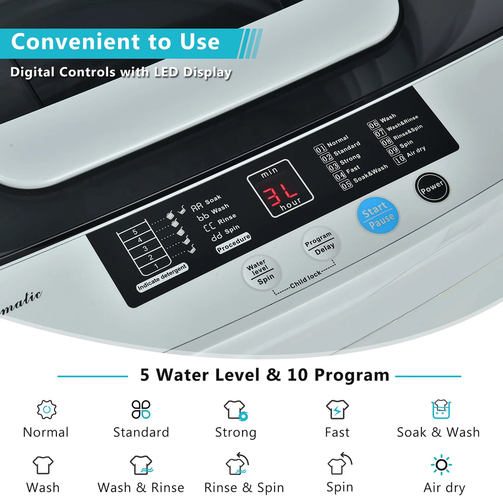 Costway Portable Full-Automatic Laundry Washing Machine 8.8lbs Spin Washer W/ Drain Pump