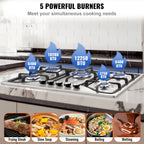 KFFKFF Gas Cooktop Stove Top 30 inch Max 12250BTU 5 Burners Built-in LPG/NG Convertible