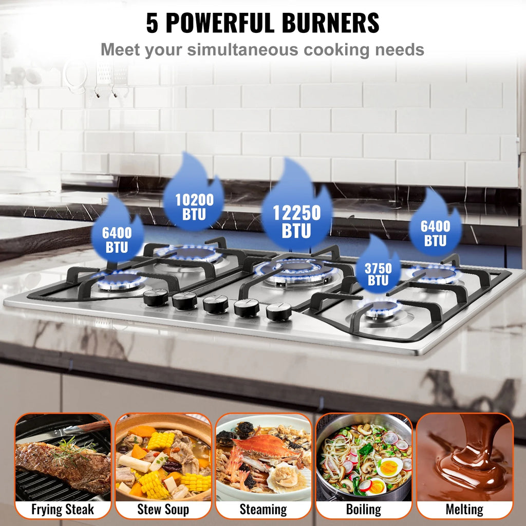 KFFKFF 30-inch Gas Range, Quintuple Burners Integrated Gas Cooktop, Peak 12250BTU NG/LPG Adaptable Stainless Steel Propane Stove, Featuring Thermocouple Safety for Outdoors, Small Living Spaces