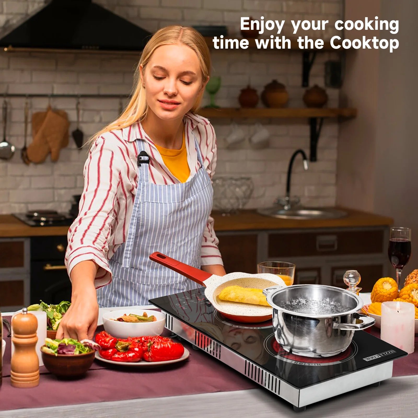 SizzleCook 2 Burner Electric Cooktop 110V Plug In, Countertop & Built-in Ceramic Stove Top, 12 inch Portable Infrared Double Burner Electric Stovetop with Outlet Plug, Child Safety Lock?