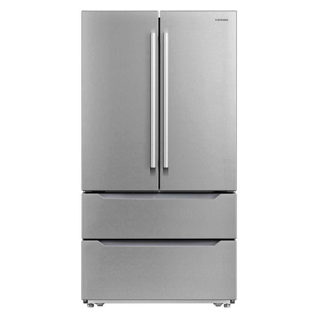 Cosmo 4 Piece Kitchen Appliance Package with 30" Freestanding Electric Range 30" Under Cabinet Range Hood 24" Built-in Integrated Dishwasher & French Door Refrigerator Kitchen Appliance Bundles
