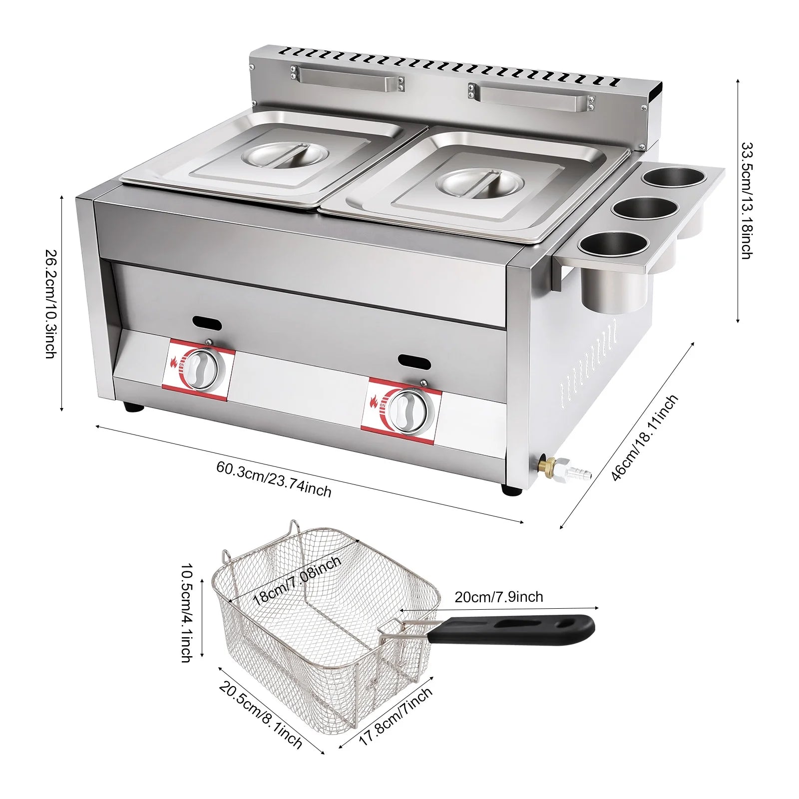 12L 3.17Gal Dual Tank Gas Fryer 430SS Commercial Deep Fryer