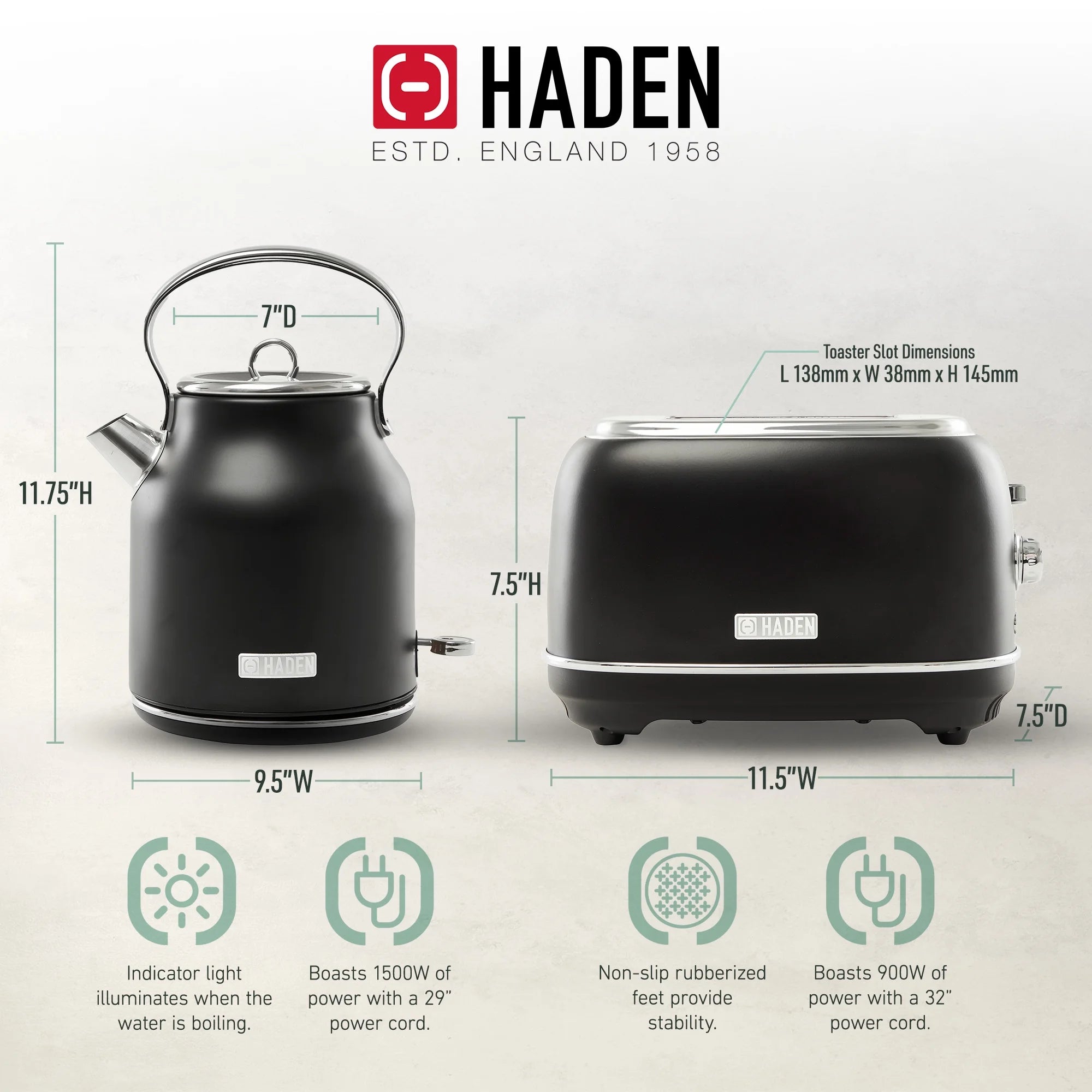 Haden Heritage 1.7 Liter Electric Kettle with 2 Slice Bread Toaster, White