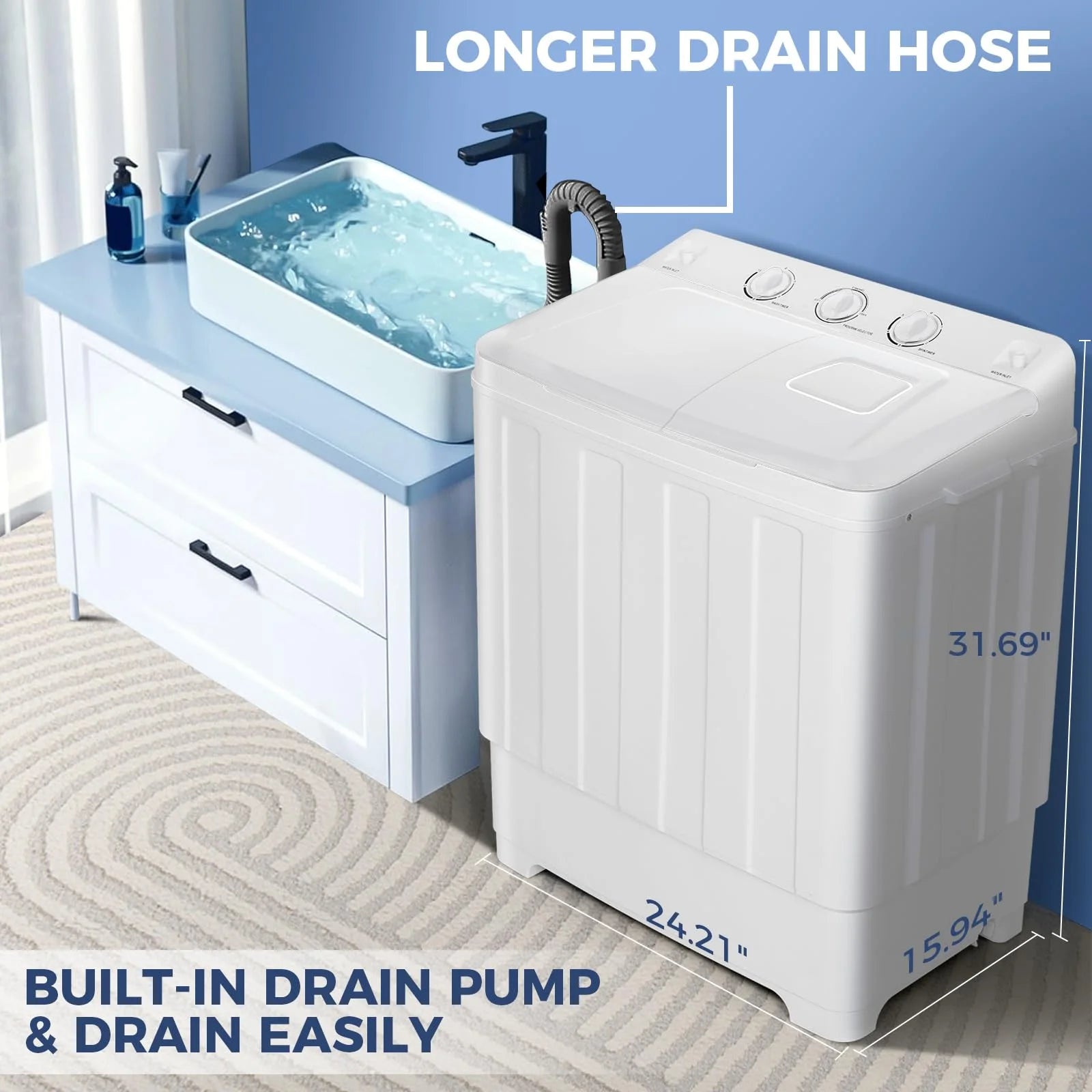 Veeboto Portable Washing Machine, 30LBS Twin Tub Mini Compact Laundry 19lbs Washer/11lbs Spinner with Drain Pump & Time Control Washer Spinner Combo, White