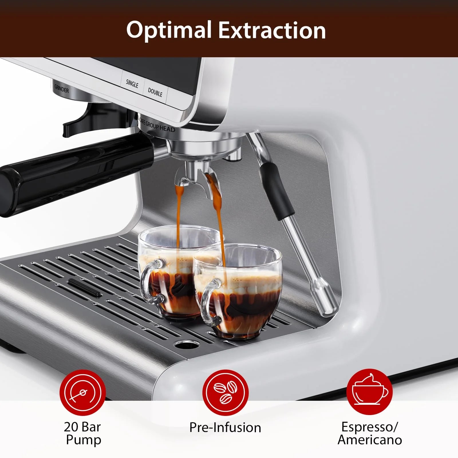 Espresso Coffee Machine with Grinder, 20 Bar Semi-Automatic Espresso Maker with Milk Frother Steamer Wand for Cappuccino, Latte, Macchiato, 2.8 L Water Tank, PID Temperature Control