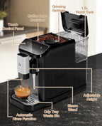 Espresso Machine, 20 Bar Pump Pressure for Balanced Extraction, Professional Espresso Maker with Milk Frother Steam Wand, 1.5L Water Tank, 1-15 Adjustable Grind Size Levels, Gift for Coffee Lover