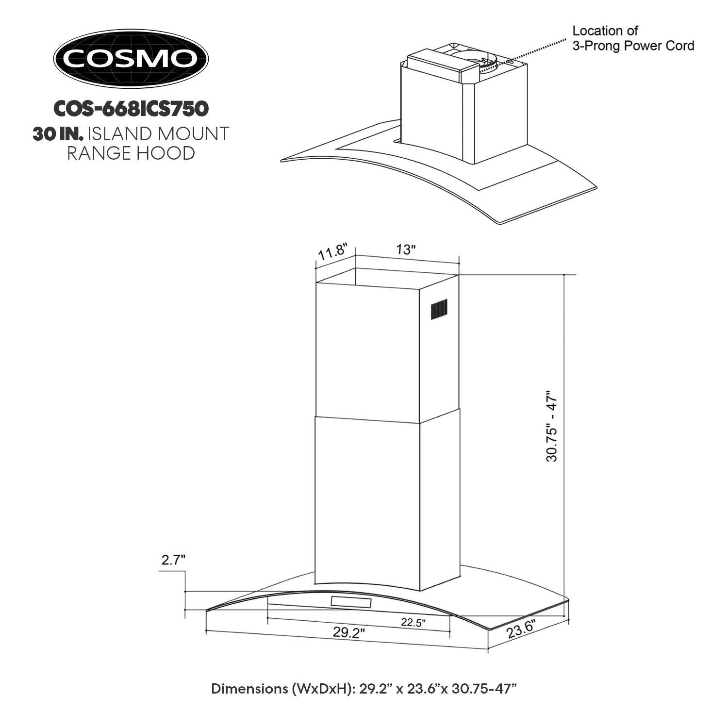 Cosmo 30 in. Ducted Island Range Hood in Stainless Steel with LED Lighting and Permanent Filters