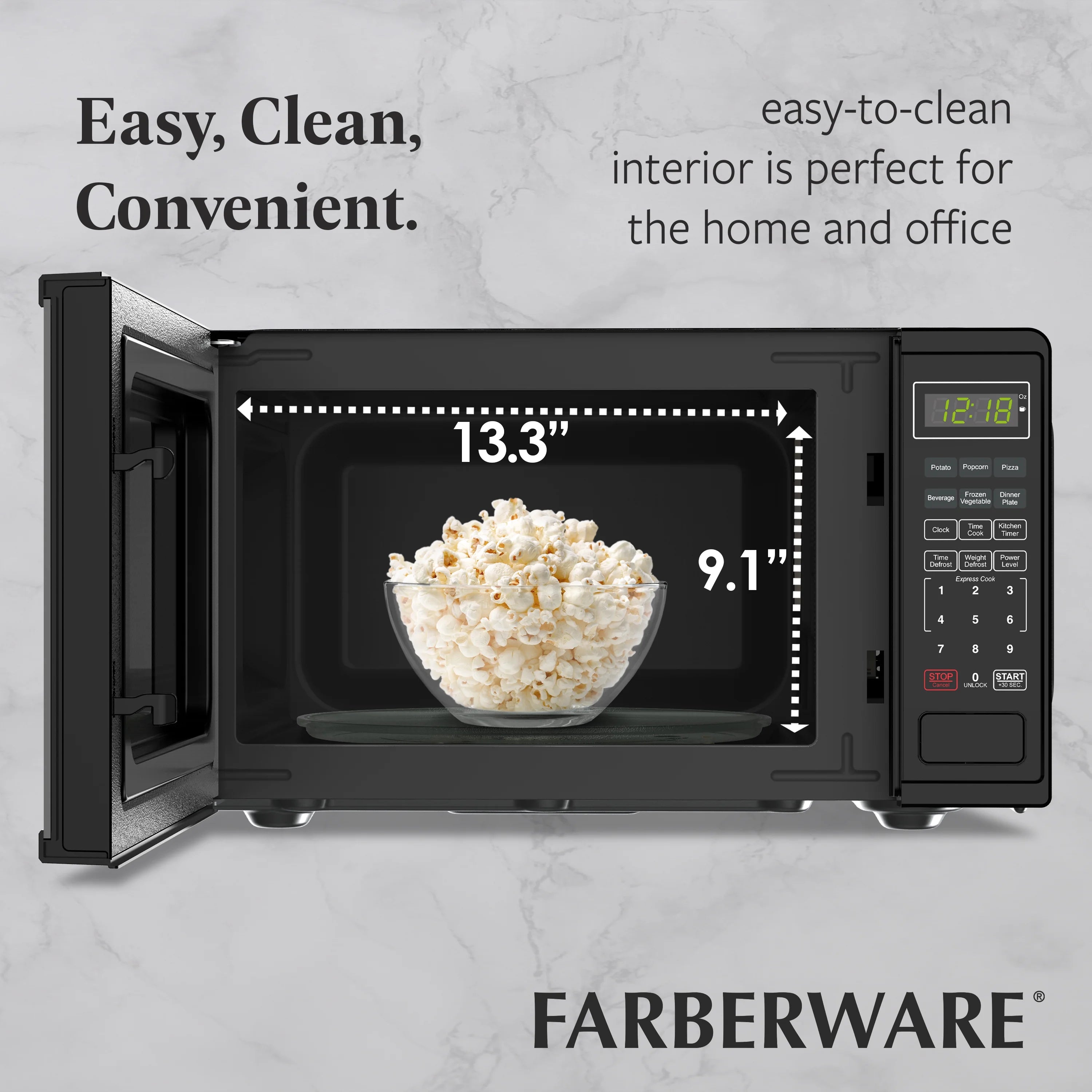 Farberware FMGZ09BKA 0.9 Cu. Ft. Microwave Oven, 900W, Digital Control, LED Display, 6 Cooking Presets, Black