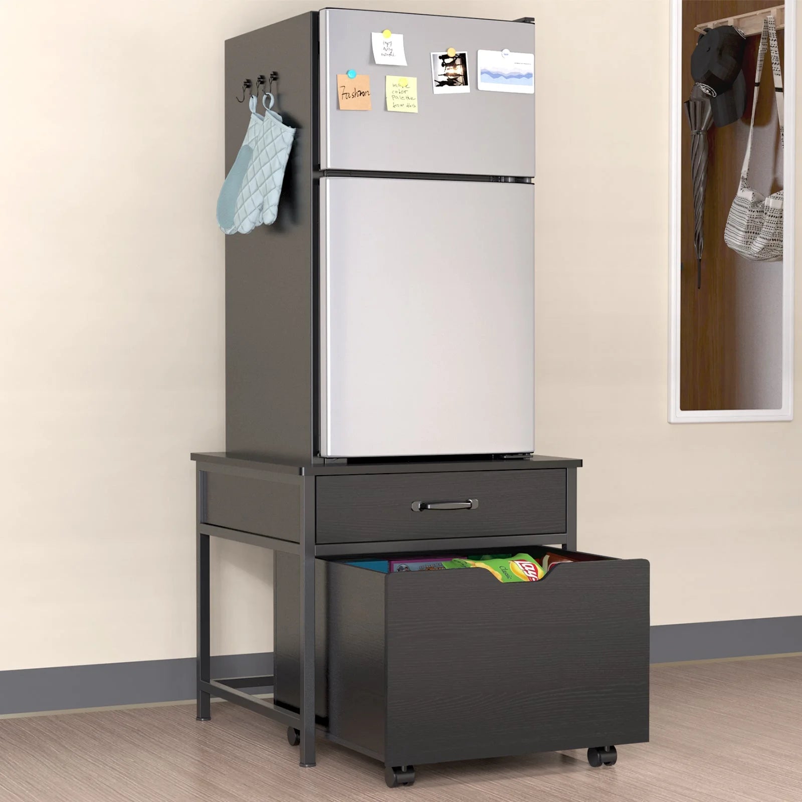 Mini Fridge Stand with Storage, Heavy Duty Mini Fridge Table with Rolling Cabinet