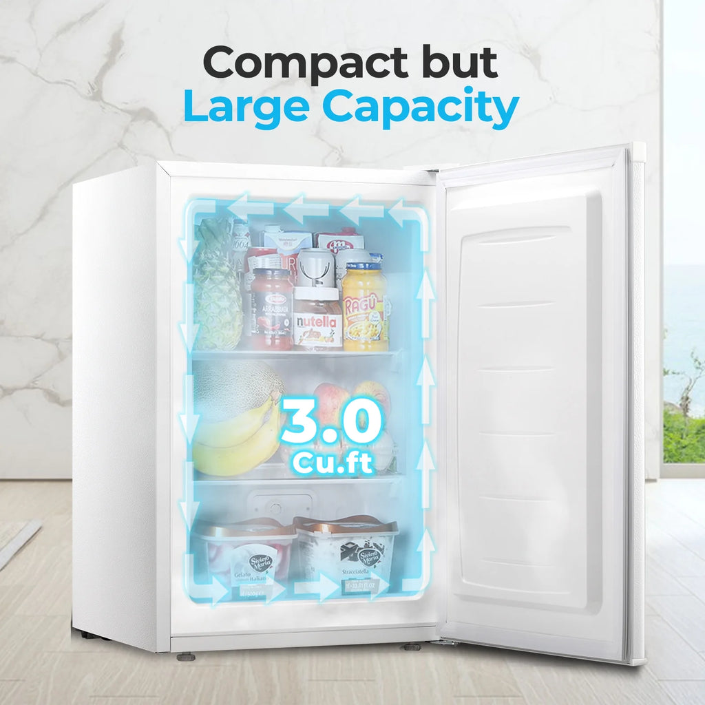 WAA 3.0 Cu.ft Small Freezer, Mini Upright Freezer with Adjustable Thermostat, Removable Shelves, Reversible Single Door, for Bedroom/Home/Dorms/Apartment, Silver