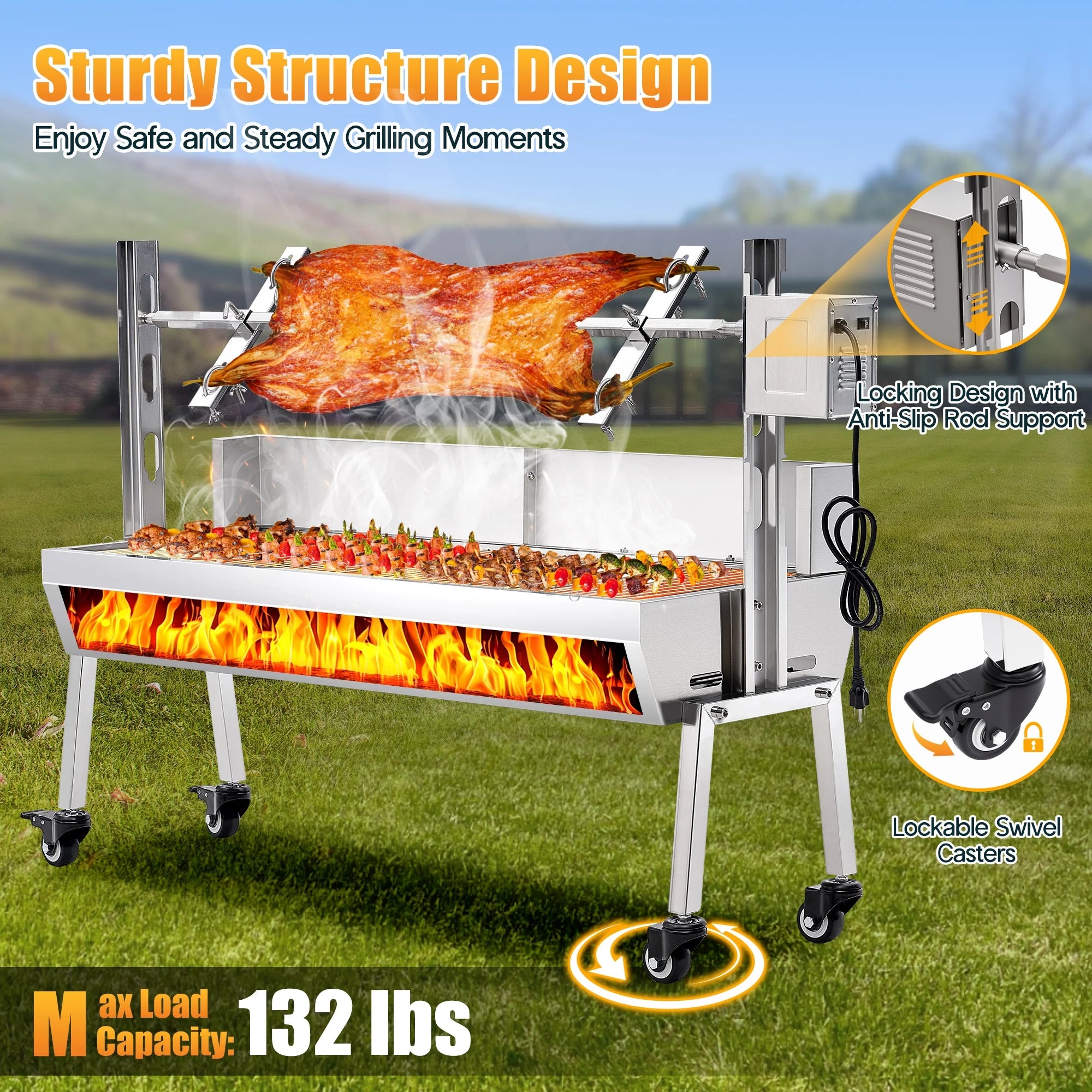 LUXOAK Electric BBQ Rotisserie Grill Kit, 46" 132 Lbs Capacity, 45W Motor, Height-Adjustable Stainless Steel Pig Roaster with Triangular Stability Support Stand for Pig Lamb