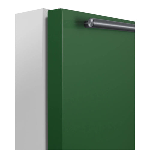 ADA height 24" refrigerator-freezer for residential use with emerald green door, stainless steel handle, and white cabinet