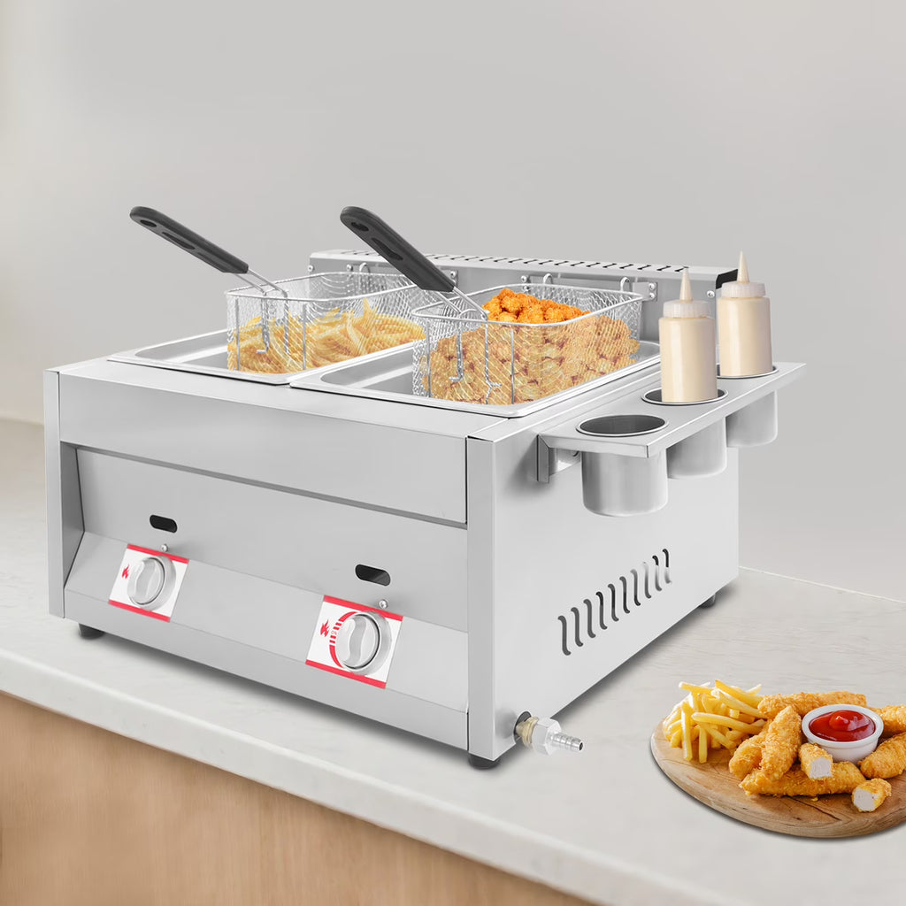12L 3.17Gal Dual Tank Gas Fryer 430SS Commercial Deep Fryer