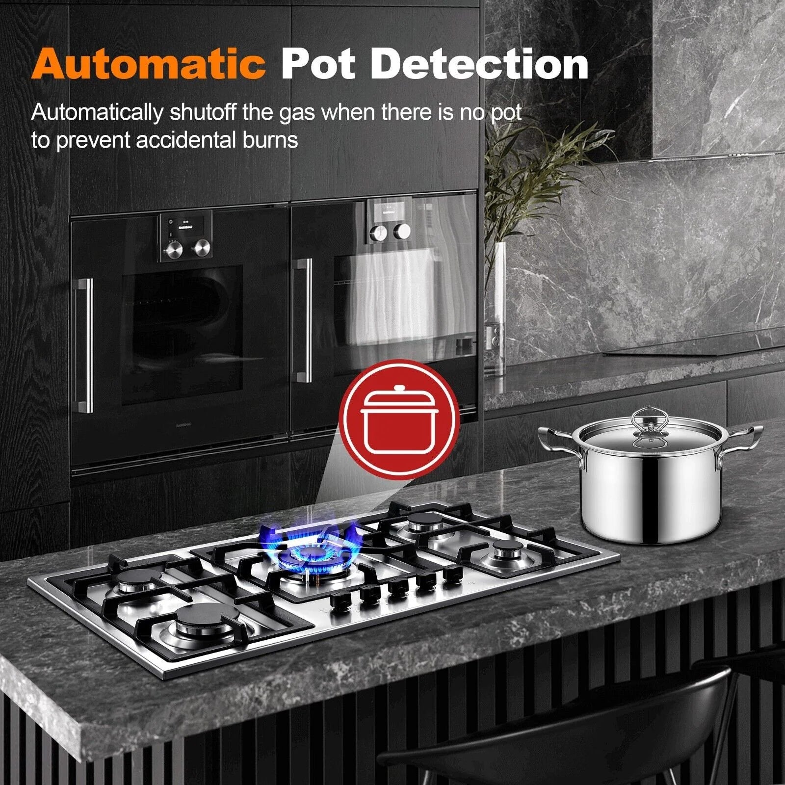 Amzgachfktch 36 Inch Gas Cooktop 5 Burner Built in Stainless with Thermocouple Protection, LPG/Natural Gas Convertible