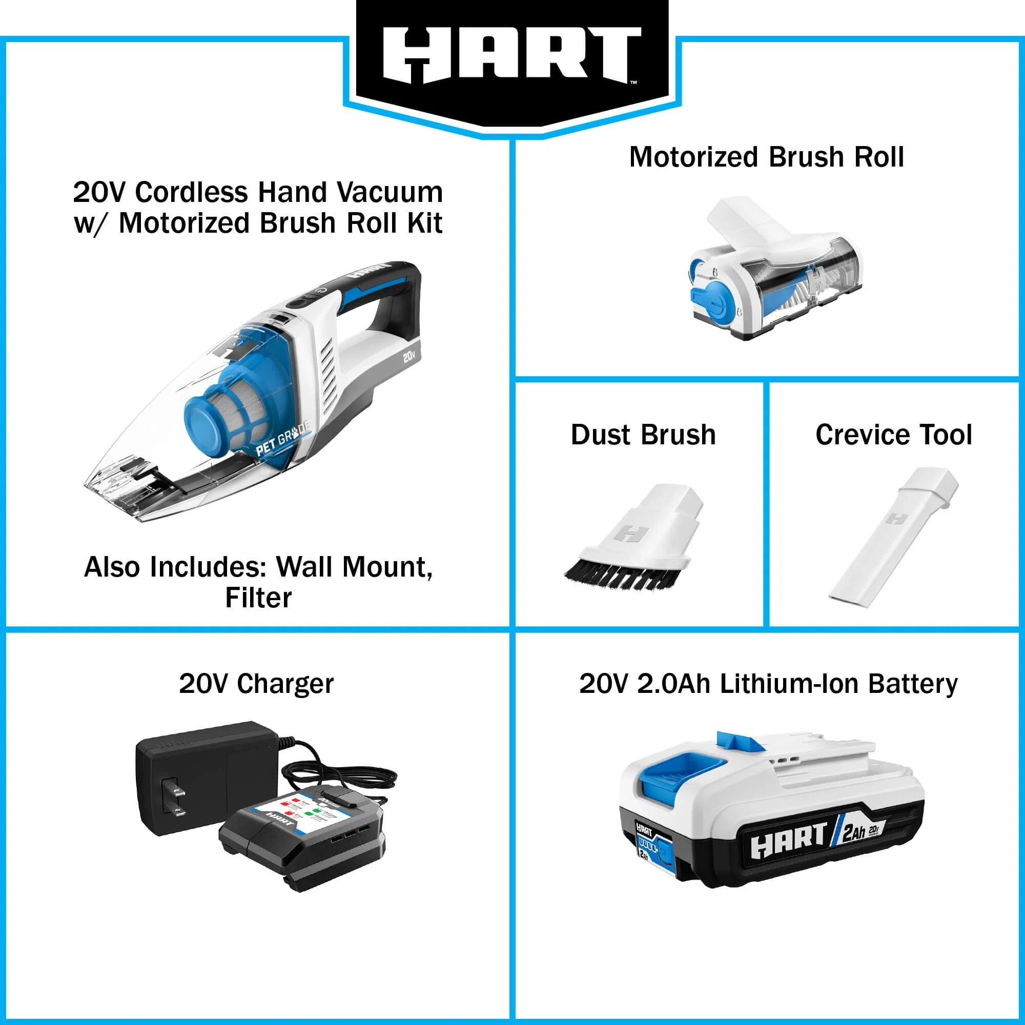 HART 20-Volt Cordless Hand Vacuum Kit with Multi-Surface Motorized Brush Roll, HPHV34B