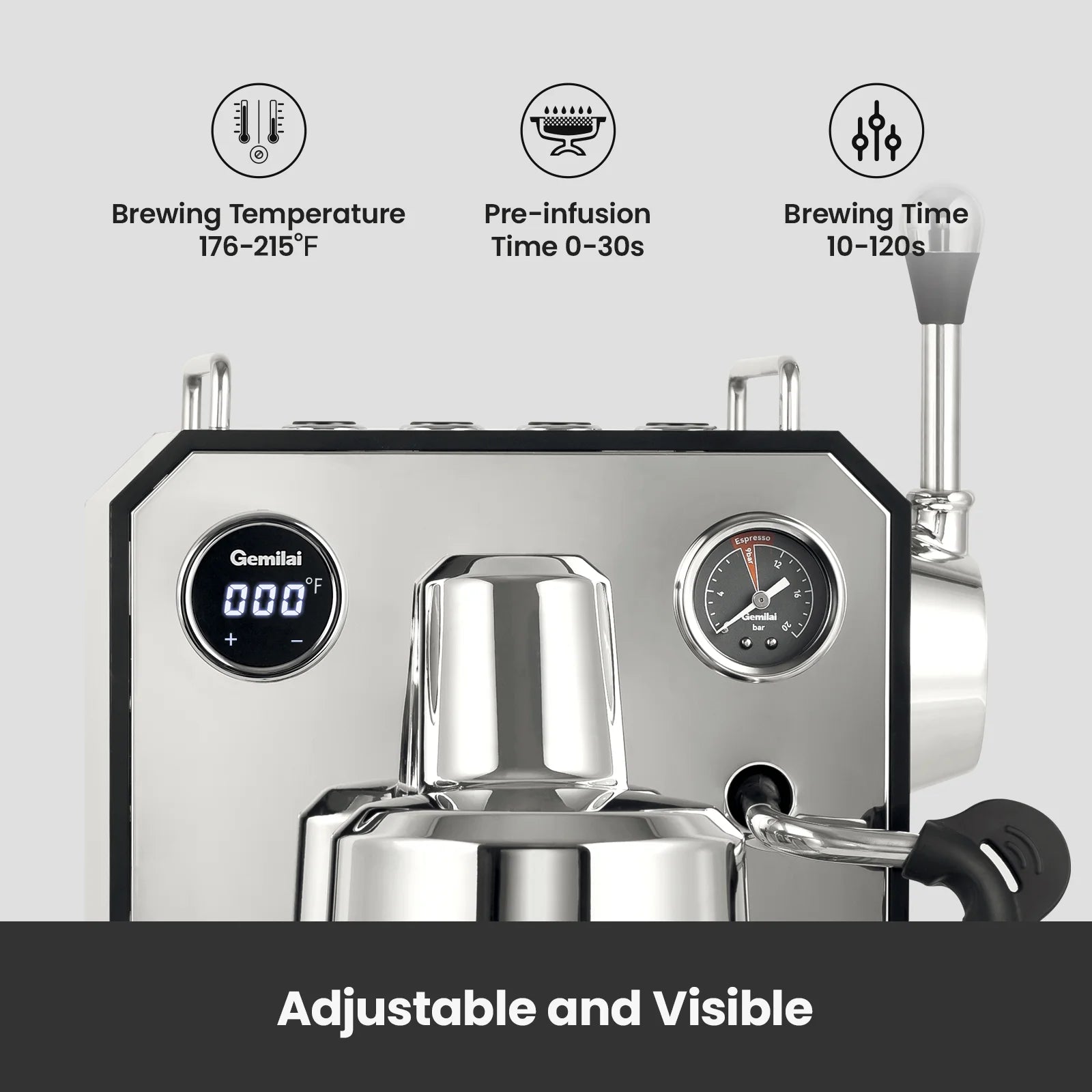 Gemilai G3006 Owl 15-Bar Semi-Auto Espresso Machine, Dual Display, Milk Frother, 57oz Tank, Stainless Steel Coffee Maker