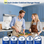 24 inch Under Cabinet Range Hood Stainless Steel 280 CFM Kitchen Top Vent Cooking Hood Fan w/ LED light Carbon Filter