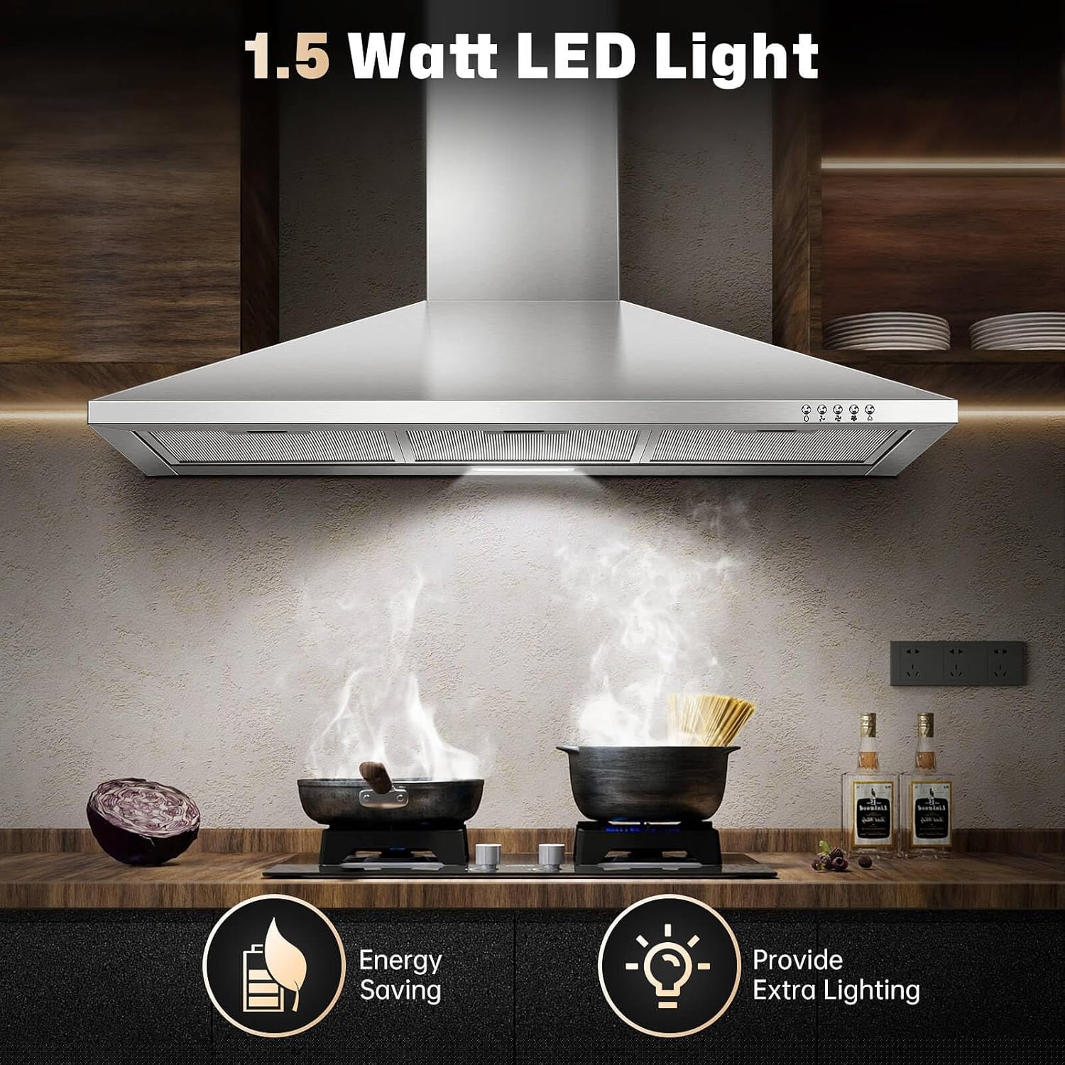 36-inch Wall Mount Range Hood 450CFM 3-Speed, Stainless Steel with LED Light, Adjustable Chimney 15.7-30.7in, Ducted/Ductless Ready, Quiet Under 55dB, 5-Layer Filters