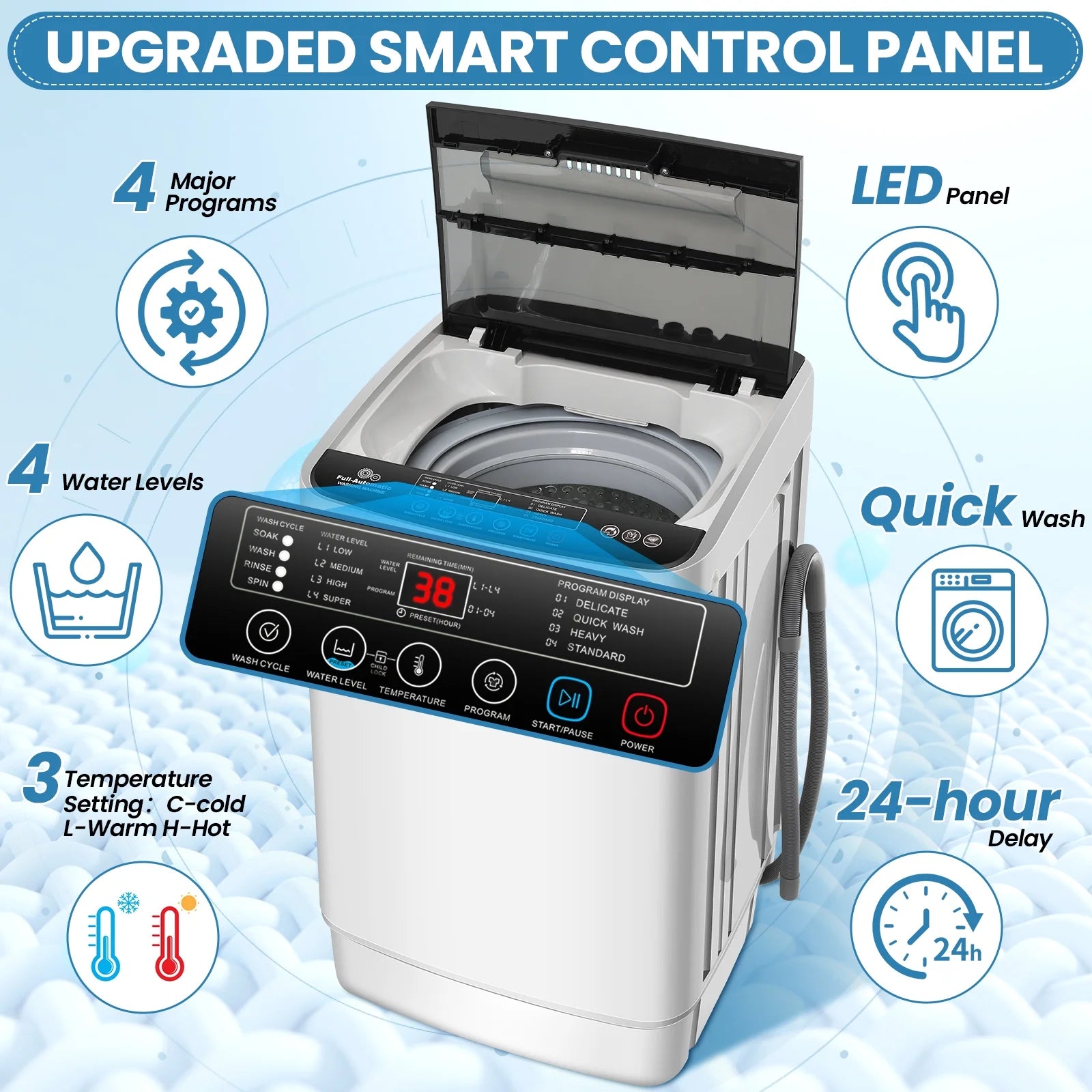 Veeboto 20lbs Fully Automatic Washing Machine, Washer Machine with 10 Wash Programs/8 Water Levels, Portable Washing Machine with LED Display & 1 Adjustable feet, White