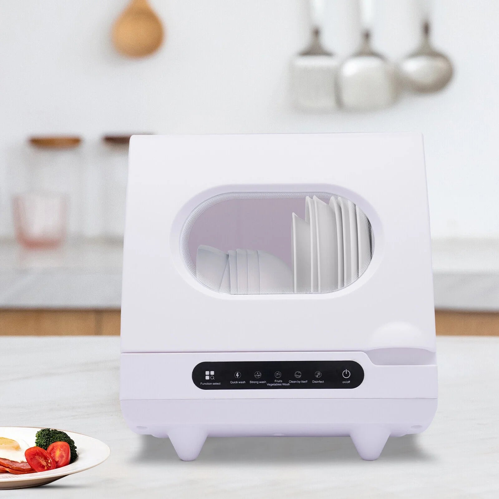 FETCOI Countertop Dishwasher, Compact Countertop 360Streak-Free Deep Cleaning Dishwasher Tableware Dishwashing 5 Washing Programs Automatic Portable Dish Washing Machine with Dish Rack White