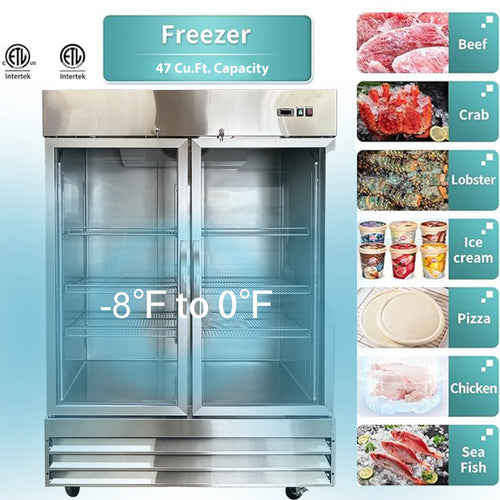 54 in. Commercial Freezer, Upright Reach-In Freezer 47 Cu.Ft. Stainless Steel, Auto-Defrost 2-Glass Door Freezer, NSF ETL