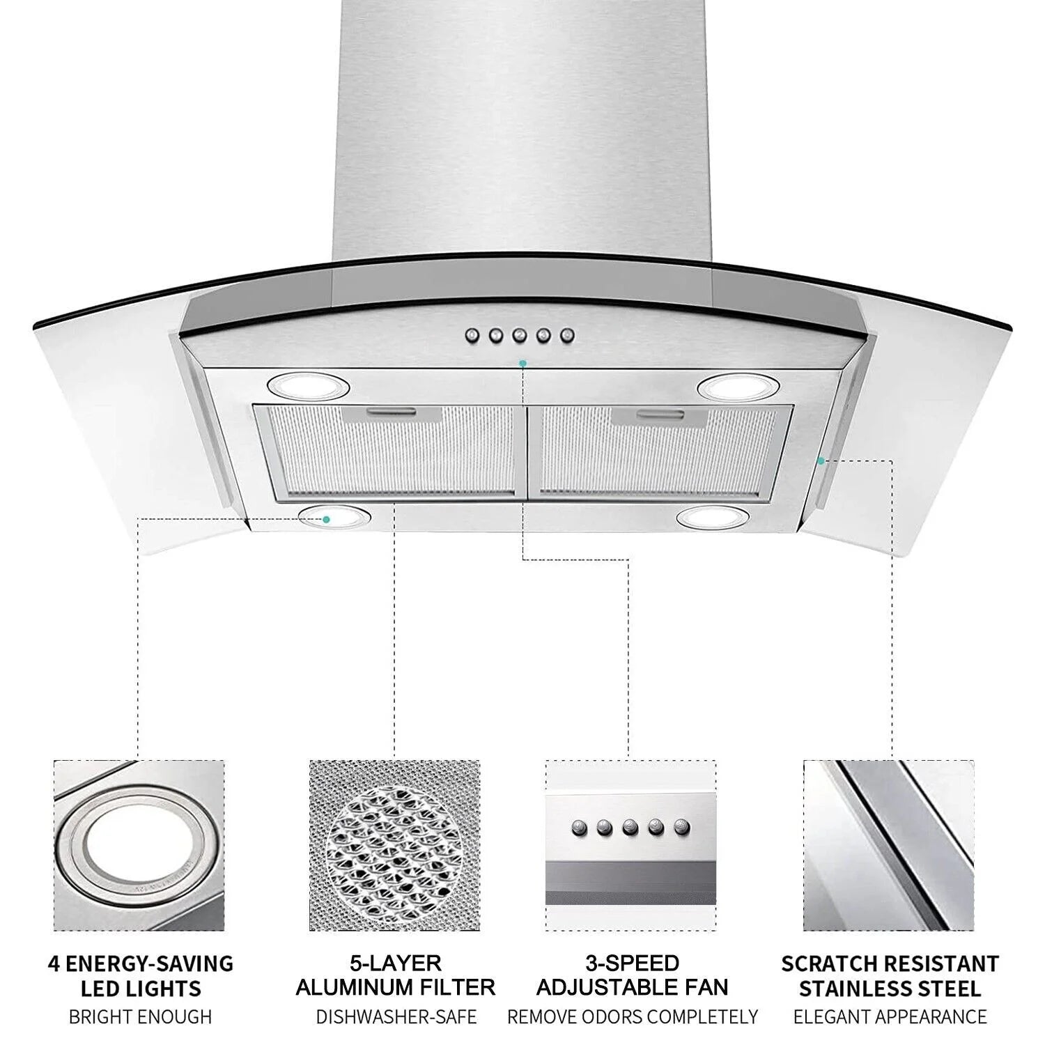 "Joeaonz 30"" Island Mount Range Hood, Stainless Steel, LED Bulbs, Easy-Clean Filters, 120V"