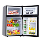 GoFashion 3.2 Cu. Ft Mini Fridge with Freezer, Small Refrigerators Double Door Stainless Steel, 5 Thermostat, Compact Internal Freezer with Crisper Drawer 90L