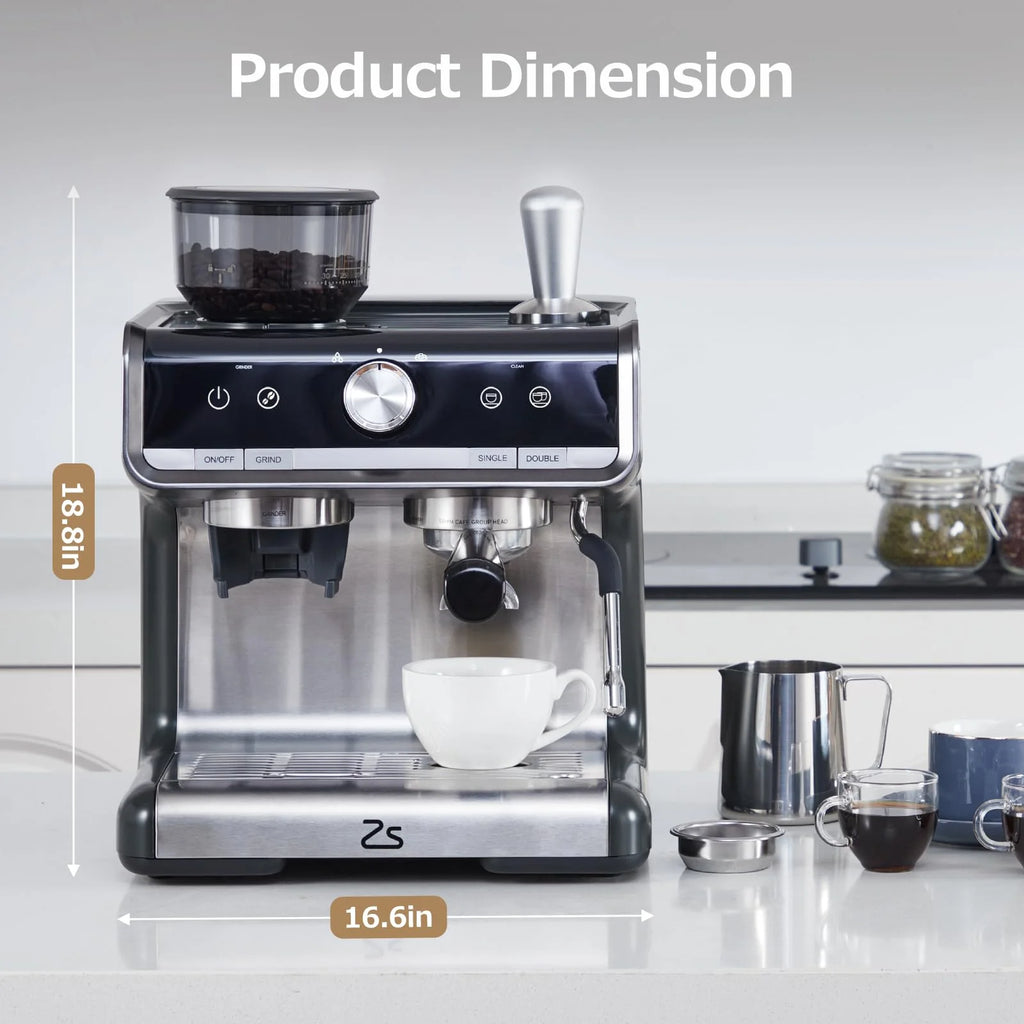 Espresso Coffee Machine with Grinder, 20 Bar Semi-Automatic Espresso Maker with Milk Frother Steamer Wand for Cappuccino, Latte, Macchiato, 2.8 L Water Tank, PID Temperature Control