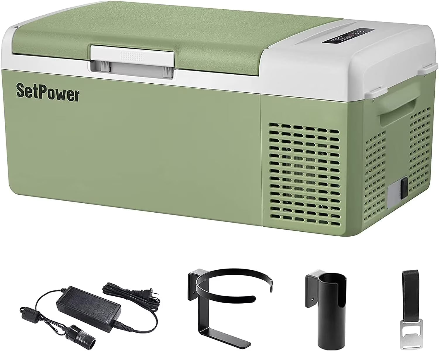 Setpower FC15 12V Portable Refrigerator with AC Adapter, 15.8 Quart Car Freezer Fridge for Camping, Fast Cooling, -4a??-68a??, 3-Year Warranty, Car, RV, Truck, Home and Outdoor Use, DC & AC, Green