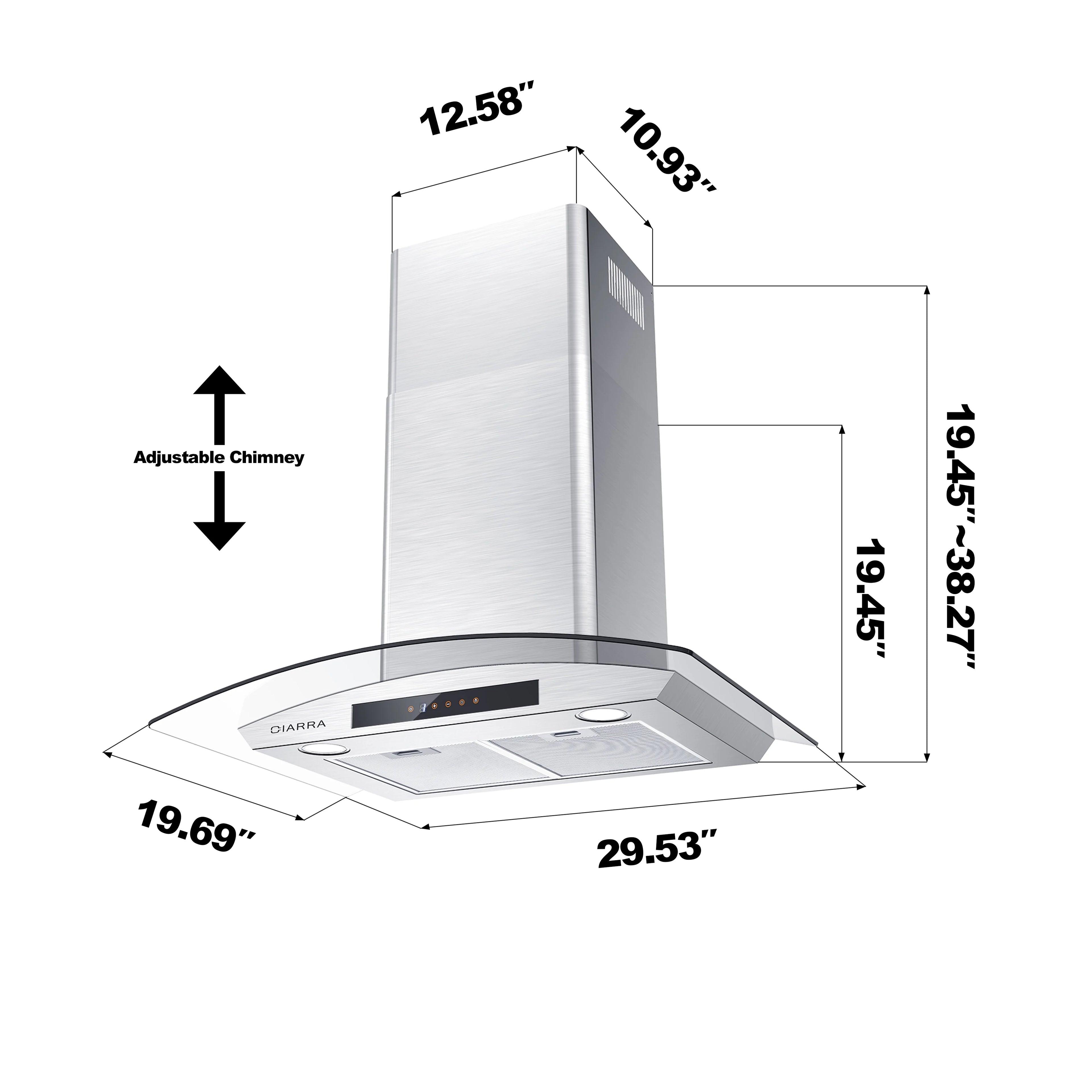 CIARRA Wall Mount Range Hood 30 inch with Tempered Glass 450 CFM Kitchen Vent Hood Ductless Ducted Convertible CAS50275