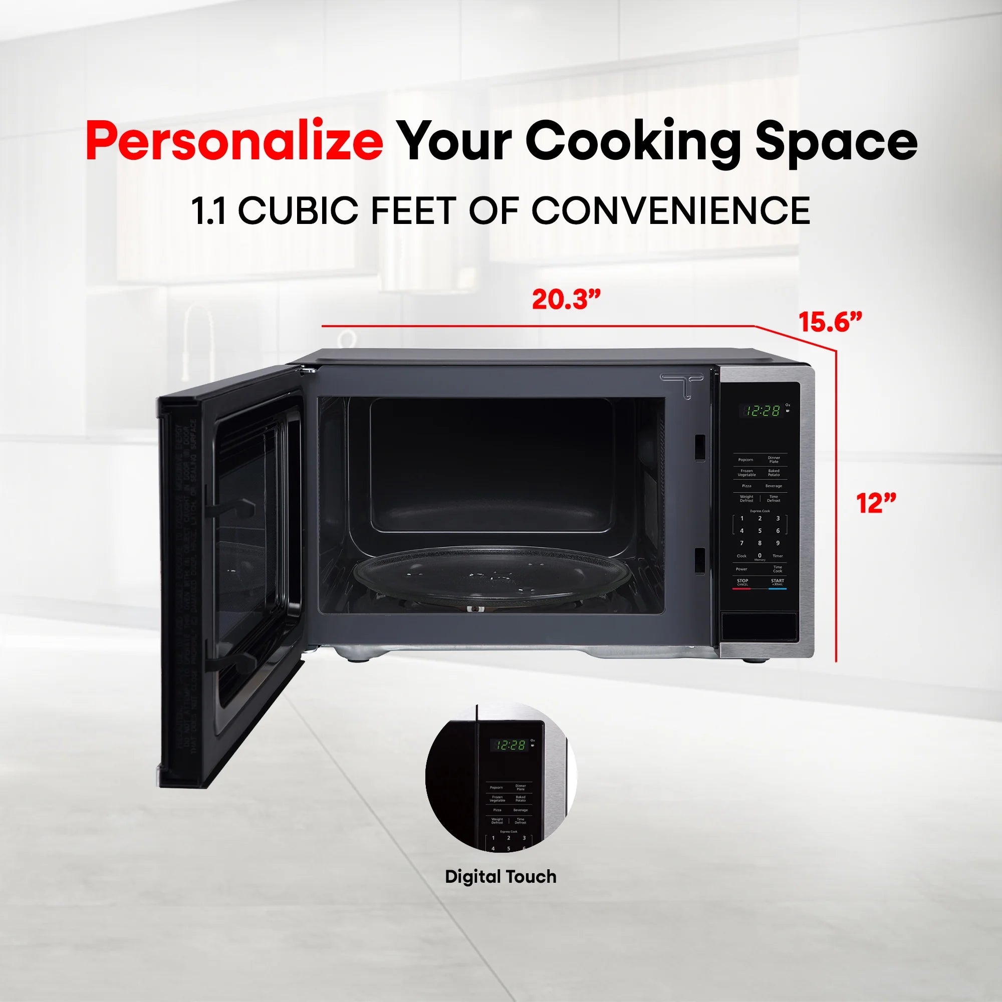 Magic Chef 1.6 Cu. ft. 1100W Countertop Microwave Oven with Push-Button Door in Black, New