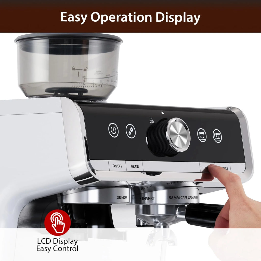 Espresso Coffee Machine with Grinder, 20 Bar Semi-Automatic Espresso Maker with Milk Frother Steamer Wand for Cappuccino, Latte, Macchiato, 2.8 L Water Tank, PID Temperature Control