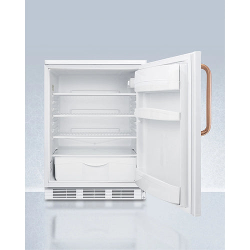 24" wide auto defrost all-refrigerator with lock, digital thermostat, internal fan, door storage, and copper handle