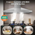 36 Inch Range Hood 450CFM Wall Mount Stainless Steel Kitchen Vent Hood Fan 3 Speed LED Light Chimney Hood Retractable