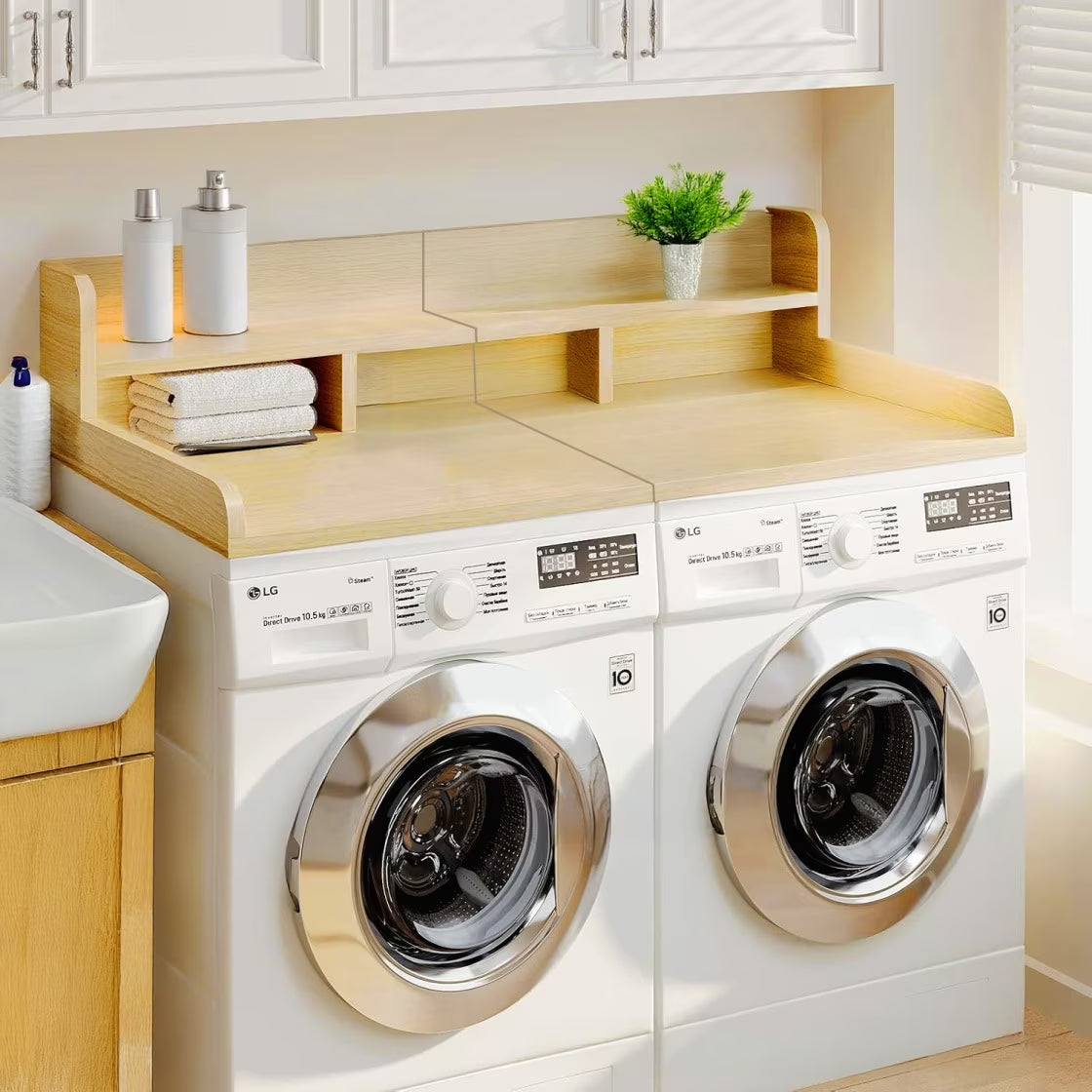 Modern Washer Dryer Countertop with 2-Tier Shelf,Laundry Room Countertop Organization Storage with 2.75" H Guard Edge Rails,Non-Slip Pad,Waterproof and Easy to Clean,54"W x 27.55"D,Natural Wood