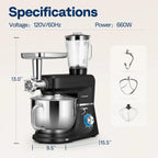 SPECSTAR 6 in 1 Multifunctional Stand Mixer with 8.5 Quart Stainless Steel Bowl, 660W 10 Speed Tilt-Head, Silver