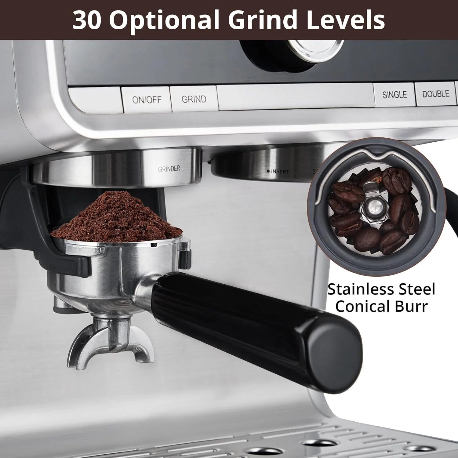 COZONY Espresso Machine 15 Bar, 2.5 L Water Tank, Semi Automatic Coffee Maker with Grinder, Milk Frother/Steam Wand, Italian Pump, All-in-One Espresso Machine, Stainless Steel, Silver