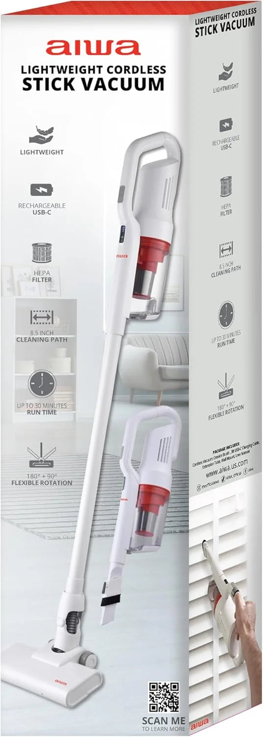 Aiwa Cordless Stick Vacuum Cleaner with Washable HEPA Filter and 20 oz Dust Bin, 2200mAh, White