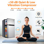 3.2 Cu. Ft Mini Fridge with Freezer, Small Refrigerators Double Door Stainless Steel, 5 Adjustable Thermostat Settings, Compact Internal Freezer with Crisper Drawer for Apartment Dorm, Silver
