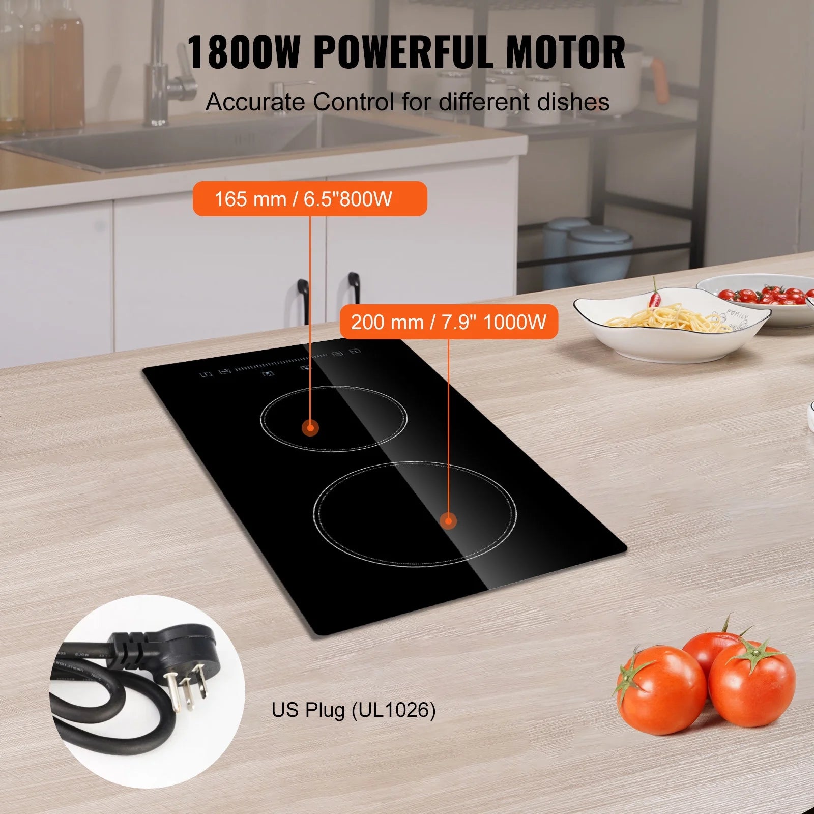 KFFKFF Electric Cooktop, 20" x 11.6" Integrated Electric Cooking Surface, 2 Burner Built-in Electric Stove with Touch Controls, Timer & Safety Lock for Any Cookware 240V 1800W
