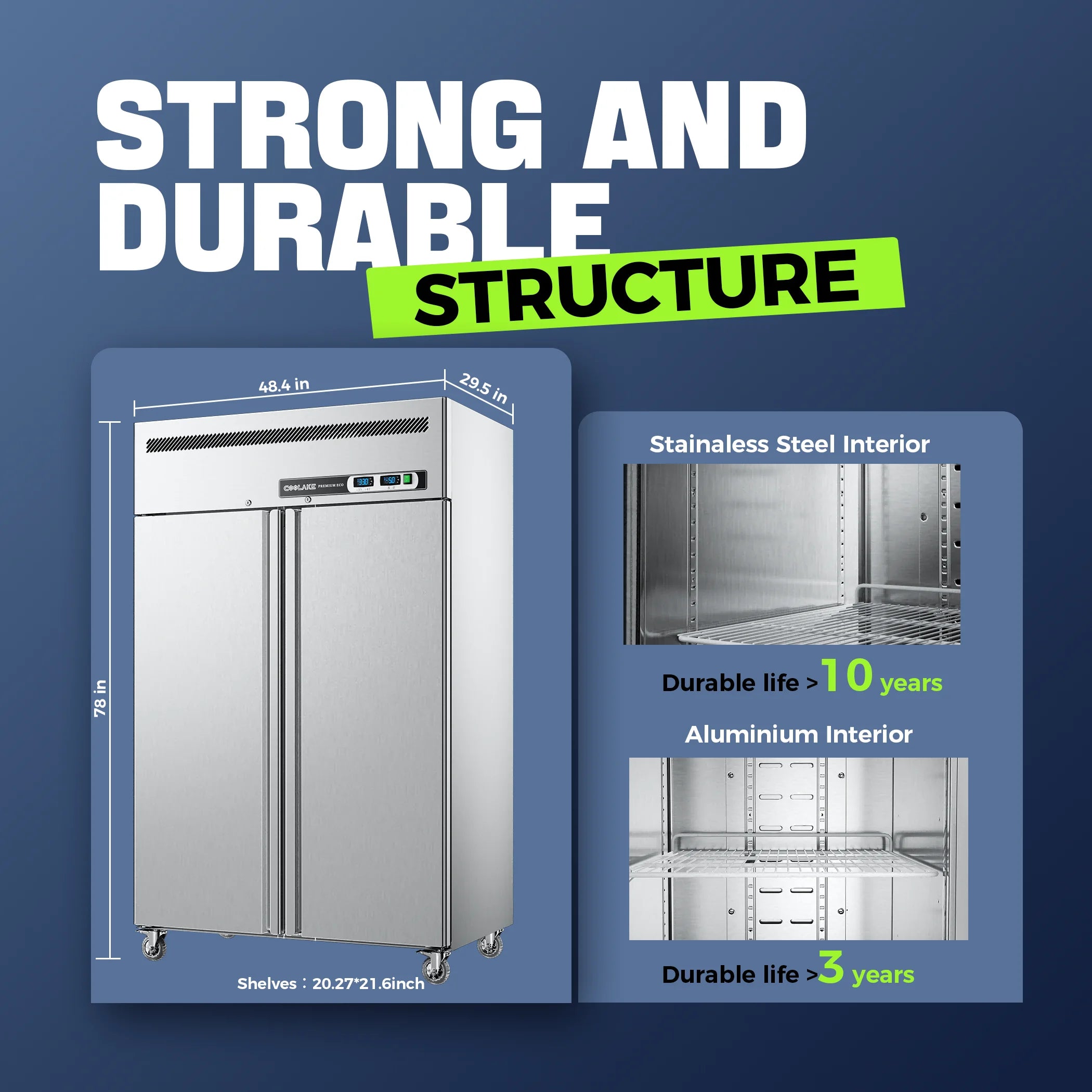 Coolake Commercial Refrigerator And Freezer Combo, 48" W Dual Temperature Zones, 36 Cu.ft 2 Door