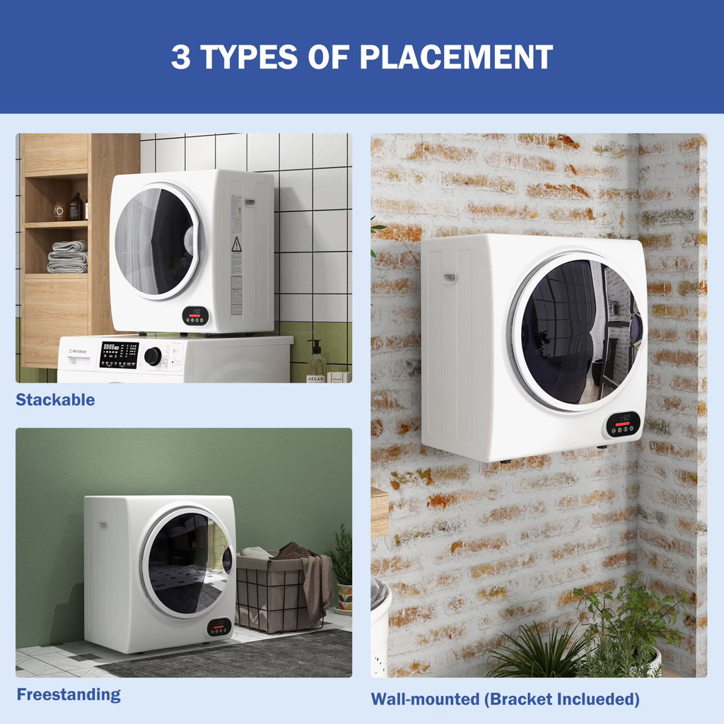 Portable Clothes Dryer 1.5 Cu.Ft Compact Electric Dryer for Apartments Dorms and Rvs 3 In 1 Freestanding Wall Mount Stackable Design 850W Front Load With Stainless Steel Drum White