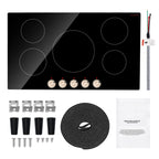 KFFKFF 5 Burner Electric Cooktop, 9200W 36" Ceramic Glass Stove Top Burner, Built In or Countertop, with Control Knobs, 12 Heat Levels, Glass Top, Automatic Power-Off for Indoor Outdoor Cooking