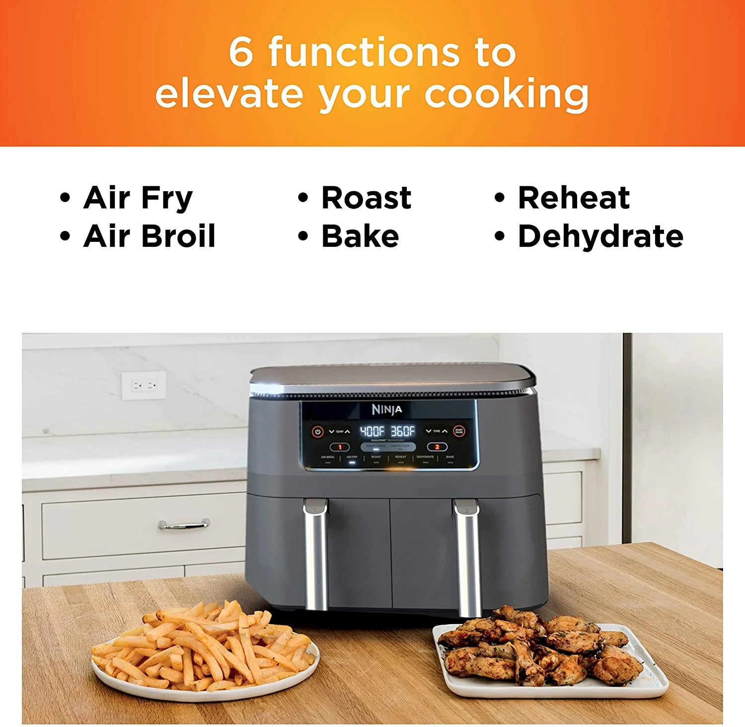 Restored Ninja DZ201 Foodi 6-in-1 2-Basket Air Fryer with DualZone Technology, 8-Quart Capacity, and a Dark Grey Stainless Finish (Refurbished)
