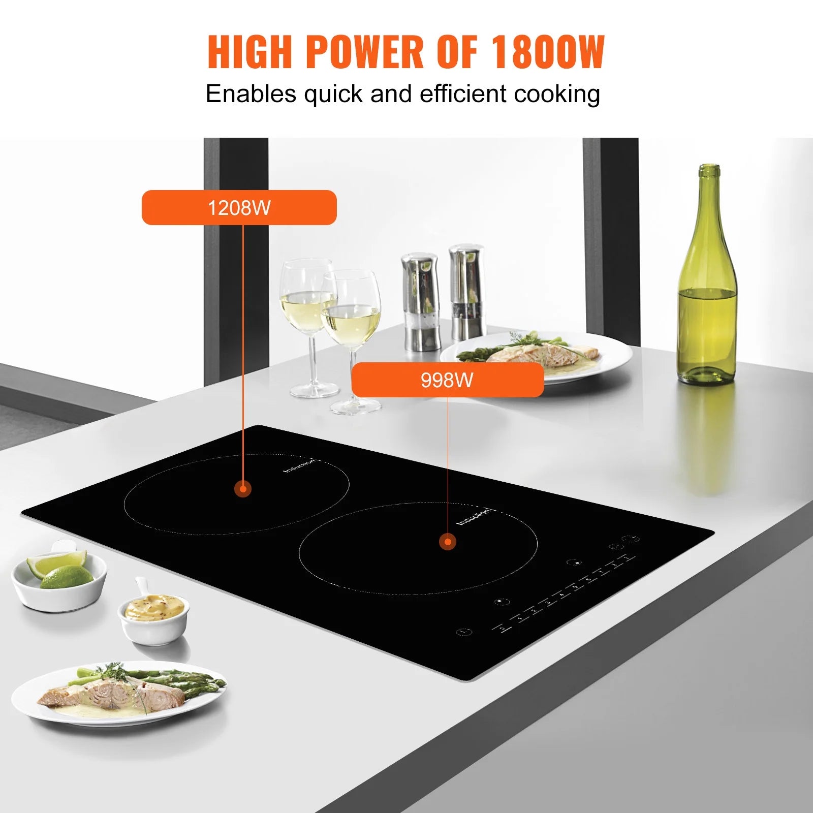 KFFKFF 12" Electric Cooktop, 1800W 2 Burners Ceramic Glass Stove Top Touch Control Built-in Magnetic Cooktop w/ 9 Heating Level Child Lock & Over-Temperature Protection