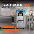 KFFKFF 3-Flavor Commercial Ice Cream Machine 21-31 L/H Soft Serve Ice Cream Maker 2 5.5L*2 Cylinder LED Panel and Auto Clean